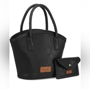 Wrangler leather tote with top handle and attachable strap with small wallet set